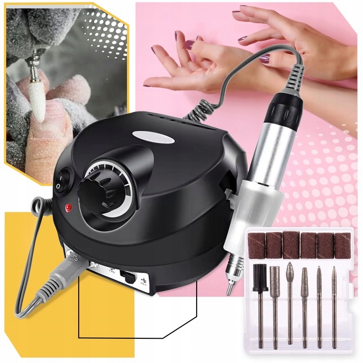 PROFESJONALNA FREZARKA DO PAZNOKCI MANICURE PEDICURE 65W MOCNA + FREZY Kolor czarny